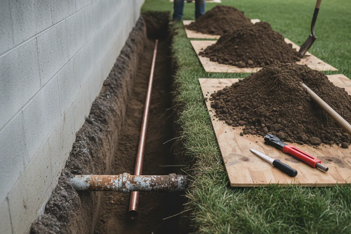 Excavated water line trench during Water Heater Repair in Grapeville